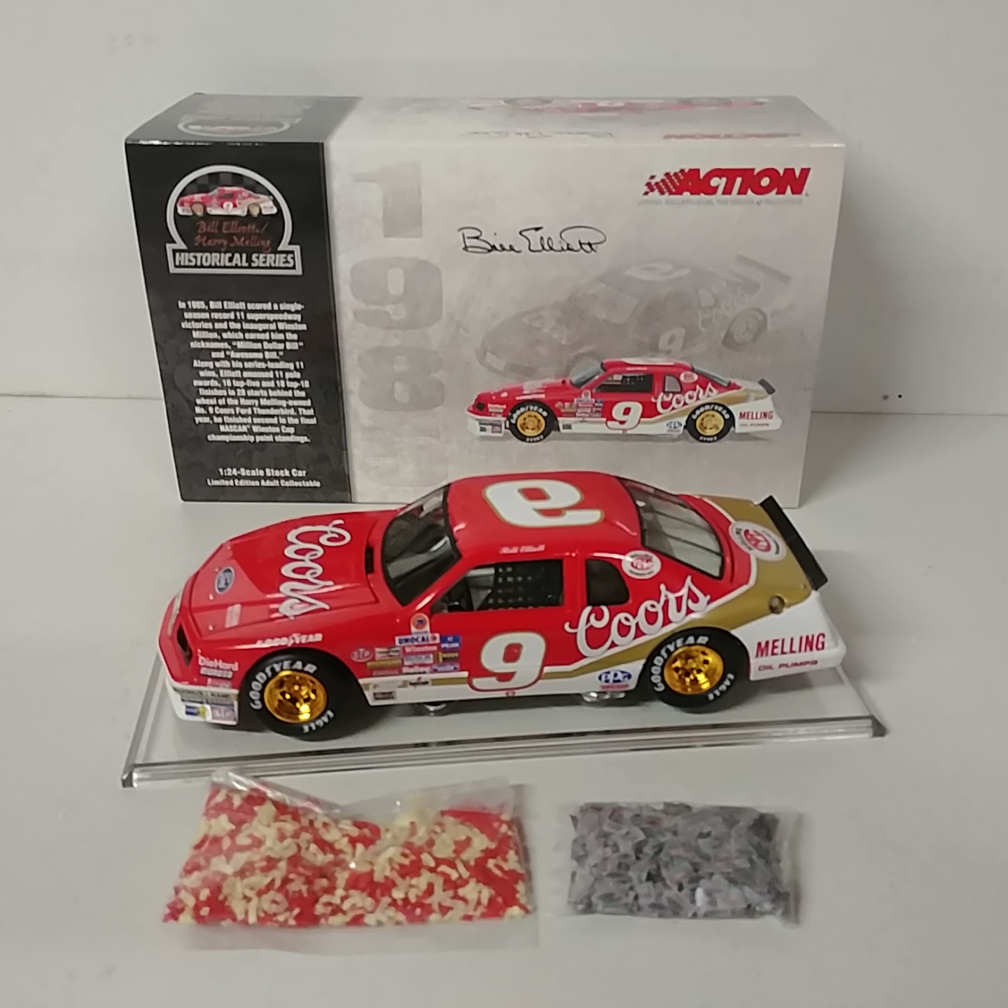 1985 Bill Elliott 1/24 Coors "Winston Million Dollar" car on clear base