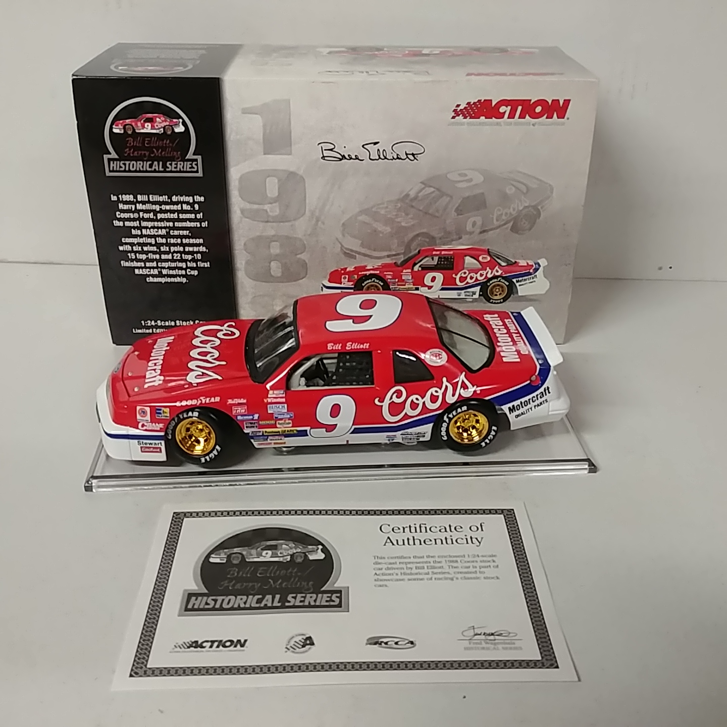 1988 Bill Elliott 1/24th Coors "Winston Cup Champion" c/w car on clear base