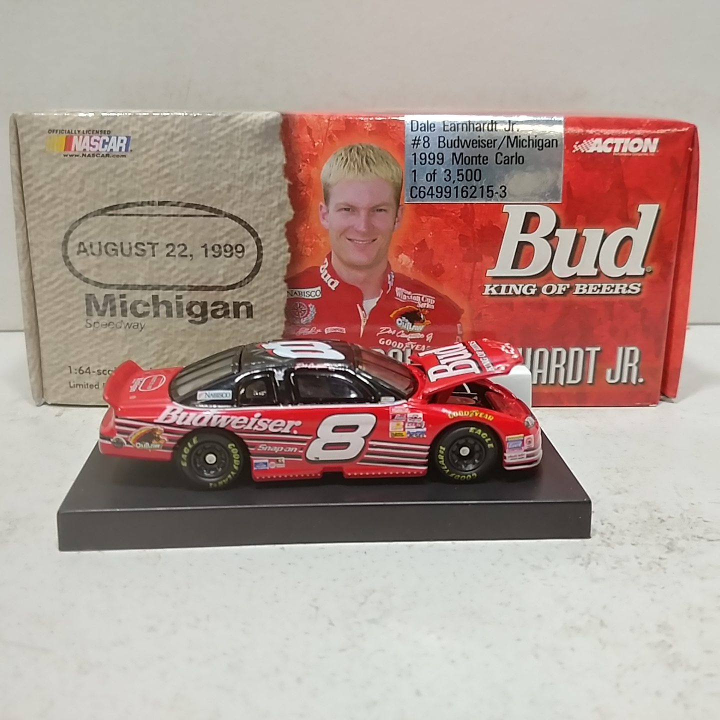 1999 Dale Earnhardt Jr 1/64th Budweiser "Michigan" RCCA hood open Monte Carlo