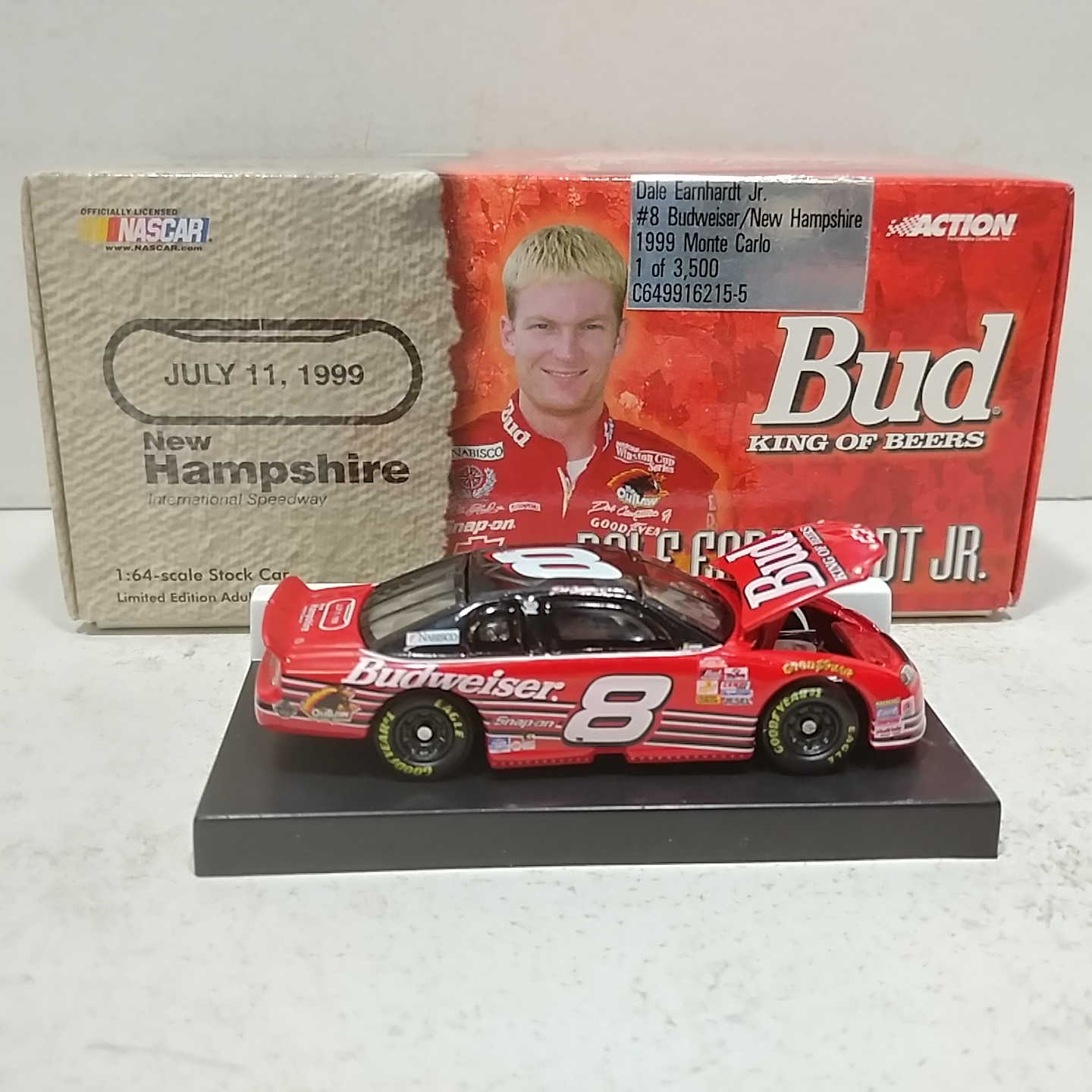 1999 Dale Earnhardt Jr 1/64th Budweiser "New Hampshire" RCCA hood open Monte Carlo