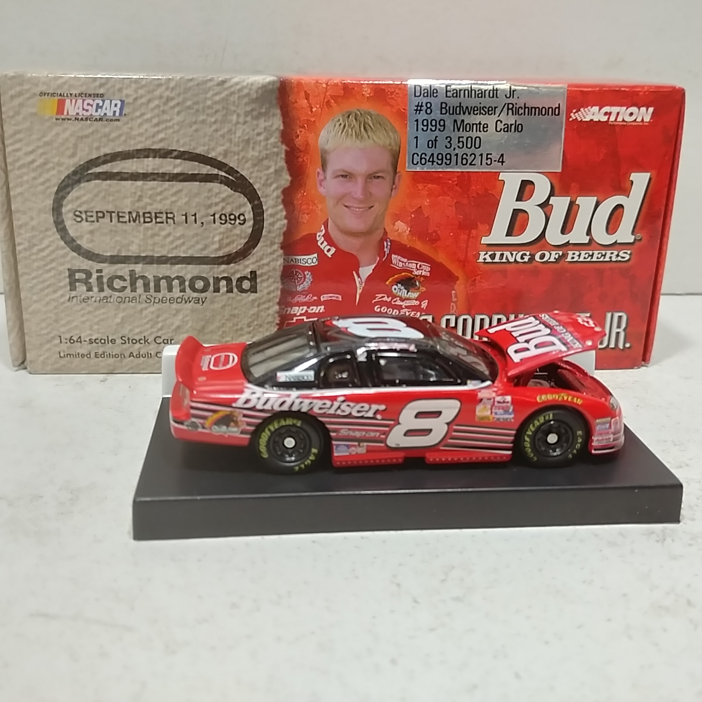 1999 Dale Earnhardt Jr 1/64th Budweiser "Richmond" RCCA hood open Monte Carlo