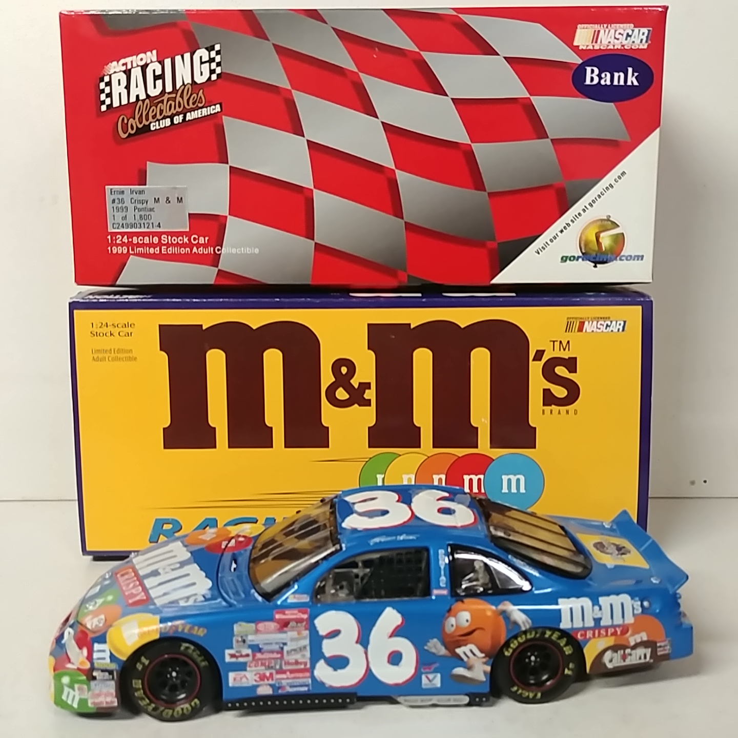 1999 Ernie Irvan 1/24th M&M's "Blue Crispy" c/w bank Pontiac