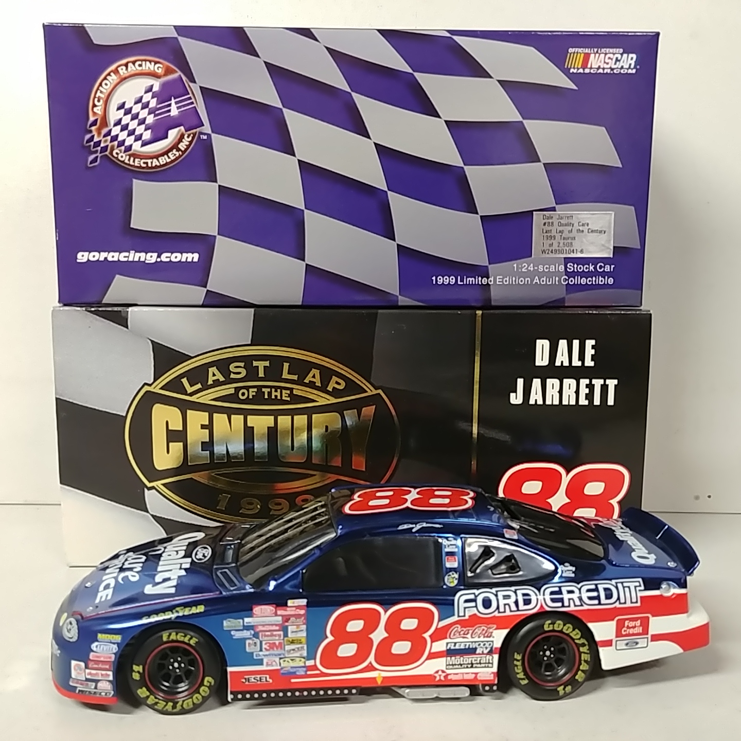 1999 Dale Jarrett 1/24th Quality Care "Last Lap of the Century" b/w bank Taurus