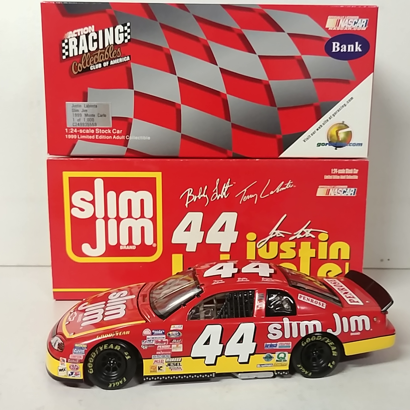 1999 Justin/Bobby/Terry Labonte 1/24th Slim Jim c/w bank Monte Carlo