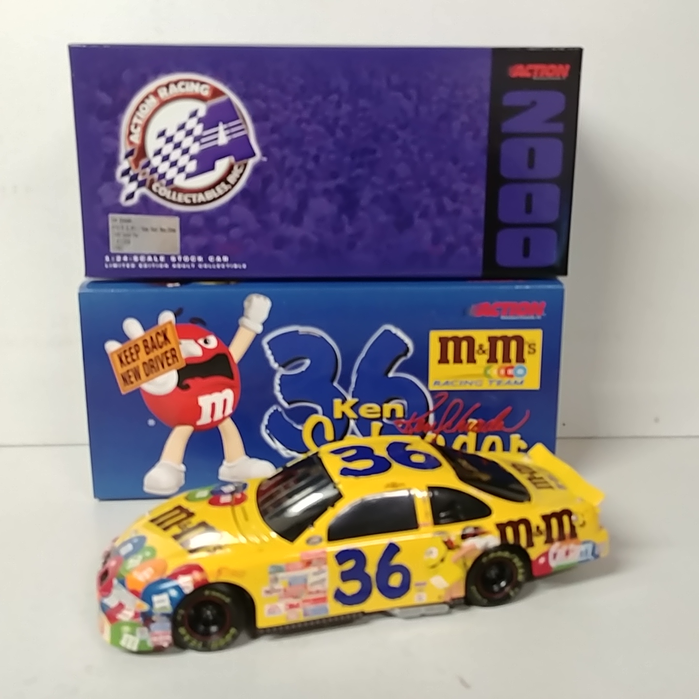 2000 Ken Schrader 1/24th M&M's "Keep Back, New Driver" b/w bank