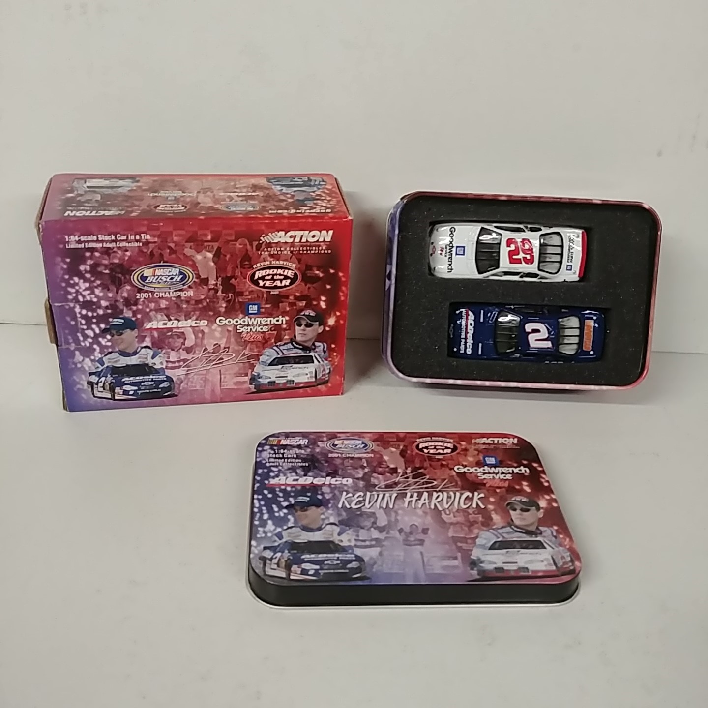 2001 Kevin Harvick 1/64th "Busch Champion" "Winston Cup Rookie of the Year" 2 car set in tin 