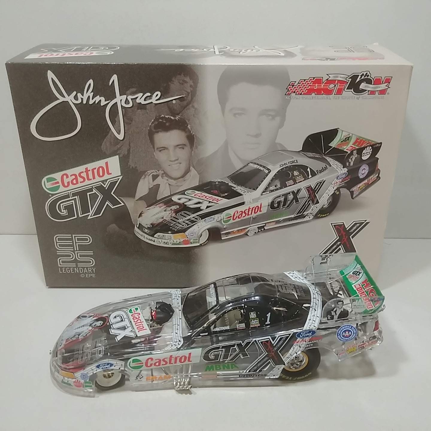 2002 John Force 1/24th Castrol GTX "Elvis 25th Anniversary" Mustang "Clear" funny car