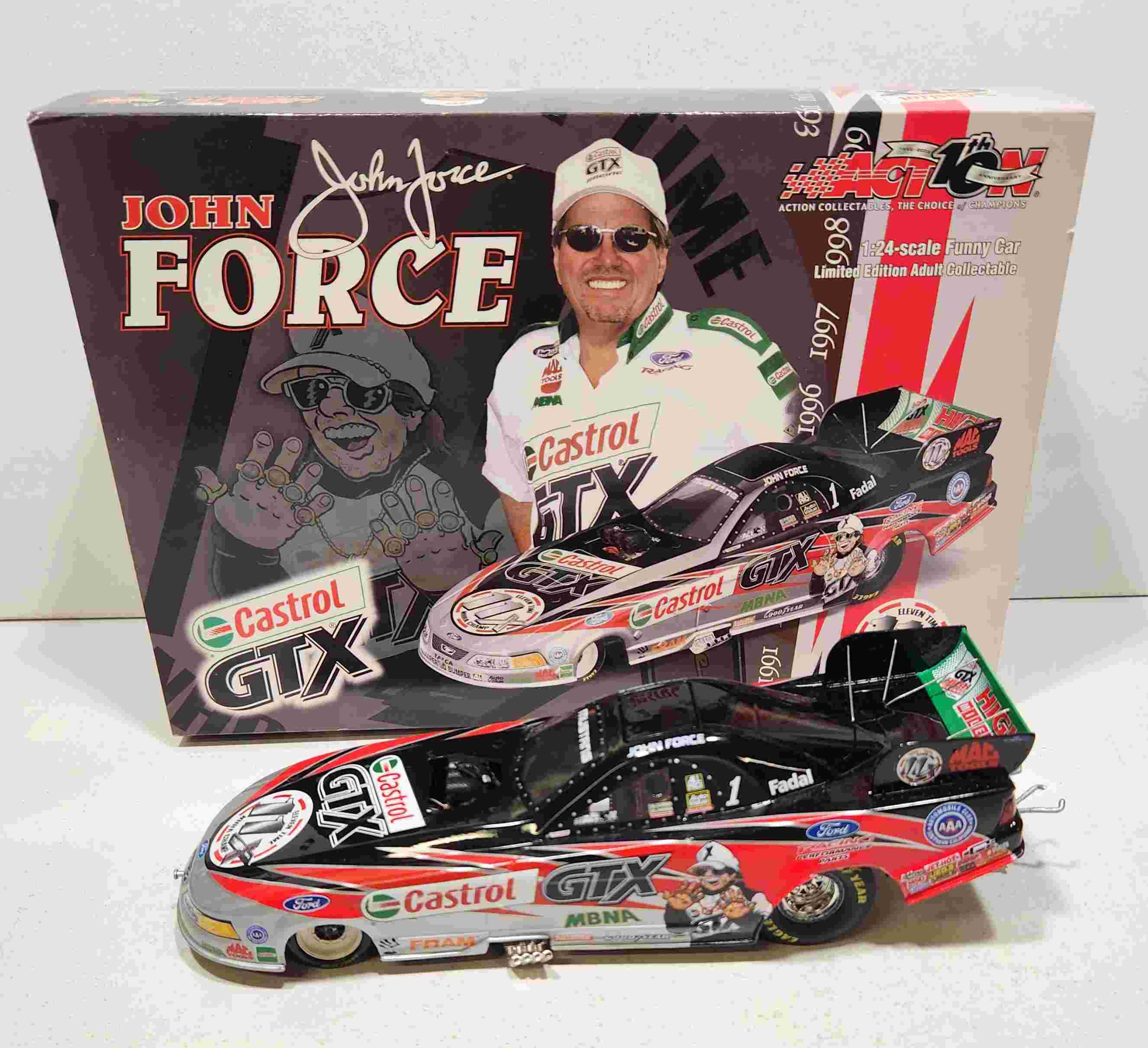 2002 John Force 1/24th Castrol GTX "11 Time Champion" Mustang funny car