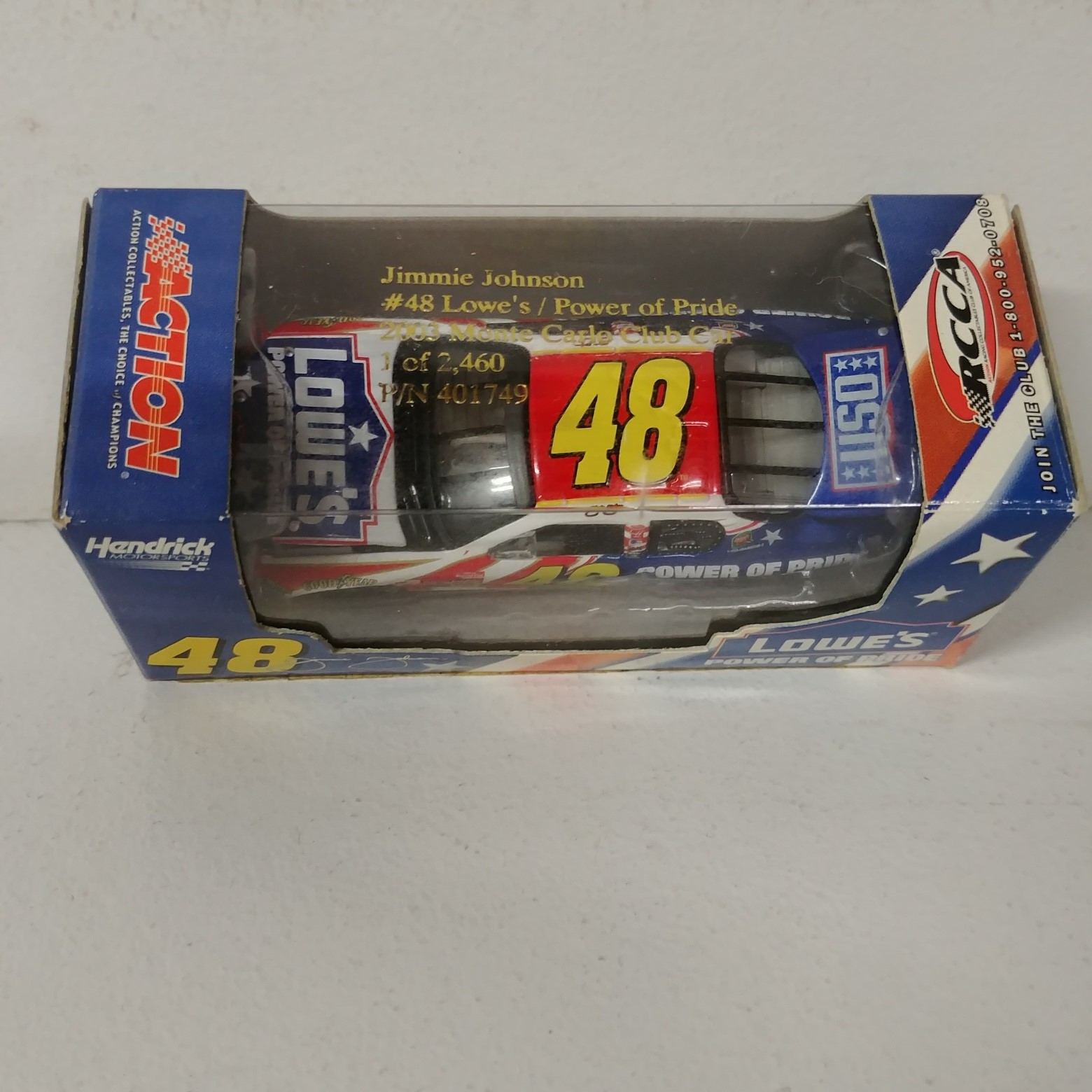 2003 Jimmie Johnson 1/64th Lowe's "Power of Pride" RCCA hood open car