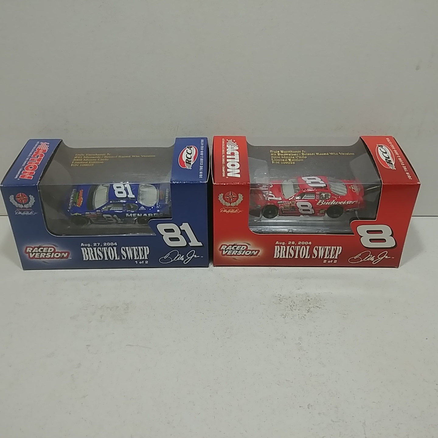 2004 Dale Earnhardt Jr 1/64th Budweiser and Menards "Bristol Sweep" ARC 2 car set