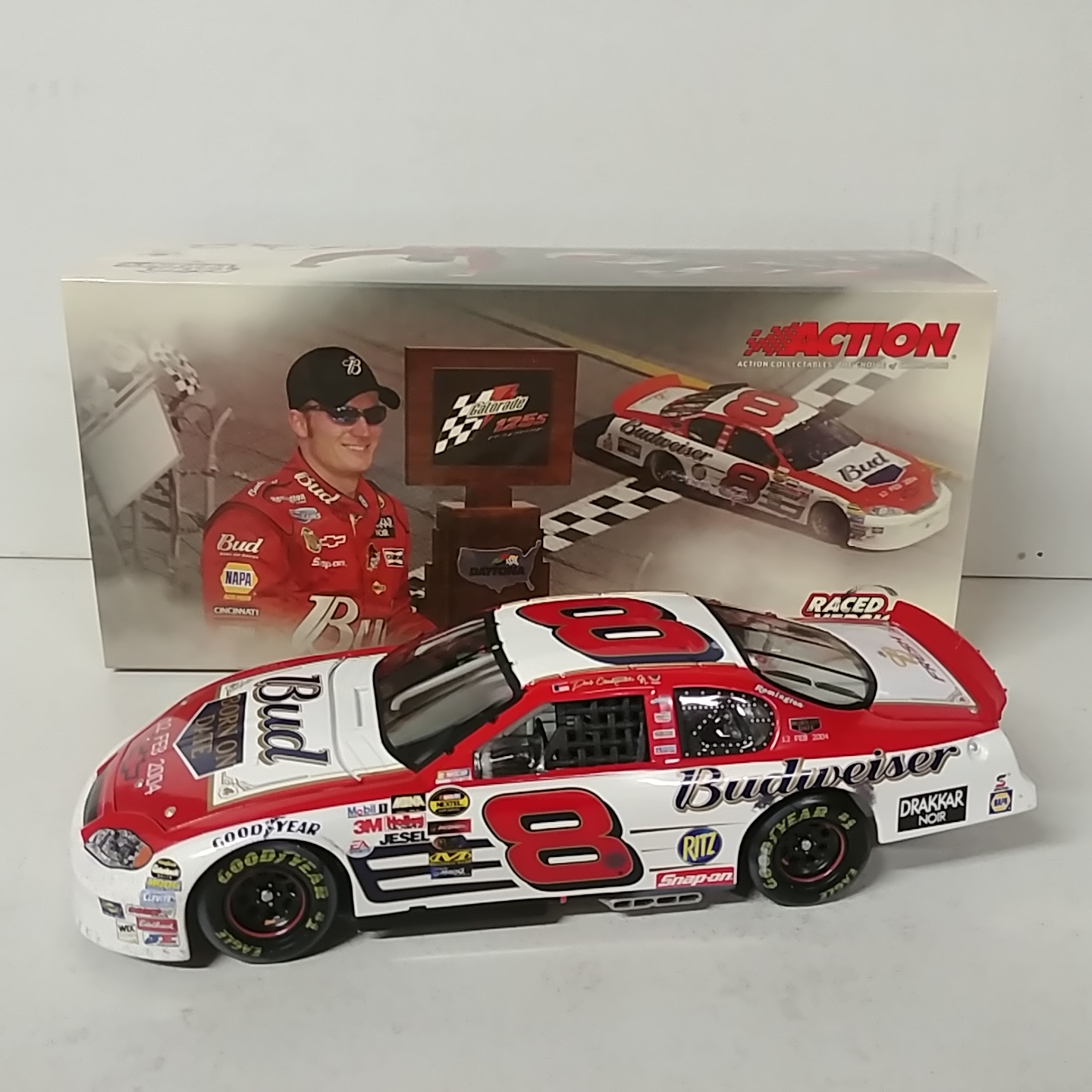 2004 Dale Earnhardt Jr 1/24th Budweiser "Twin 125 Win" Born on Date Feb 12th Raced Version Monte Carlo