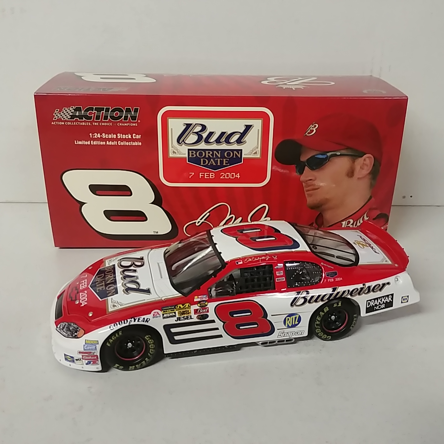 2004 Dale Earnhardt Jr 1/24th Budweiser "Bud Shoot Out" Born on Date Feb 7th c/w car