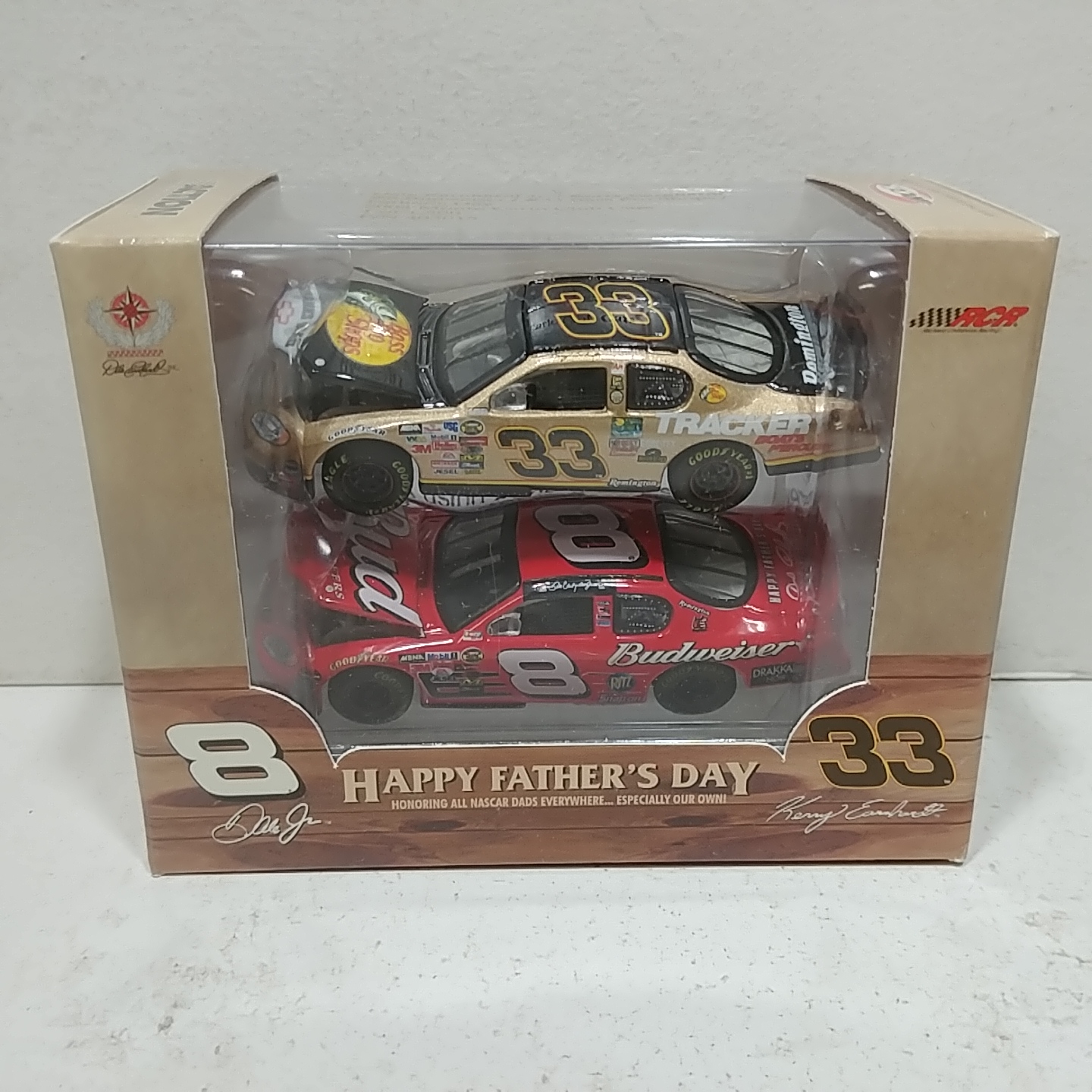 2004 Dale Jr and Kerry Earnhardt 1/64th Budweiser and Bass Pro Shops "Fathers Day" hood open Monte Carlos