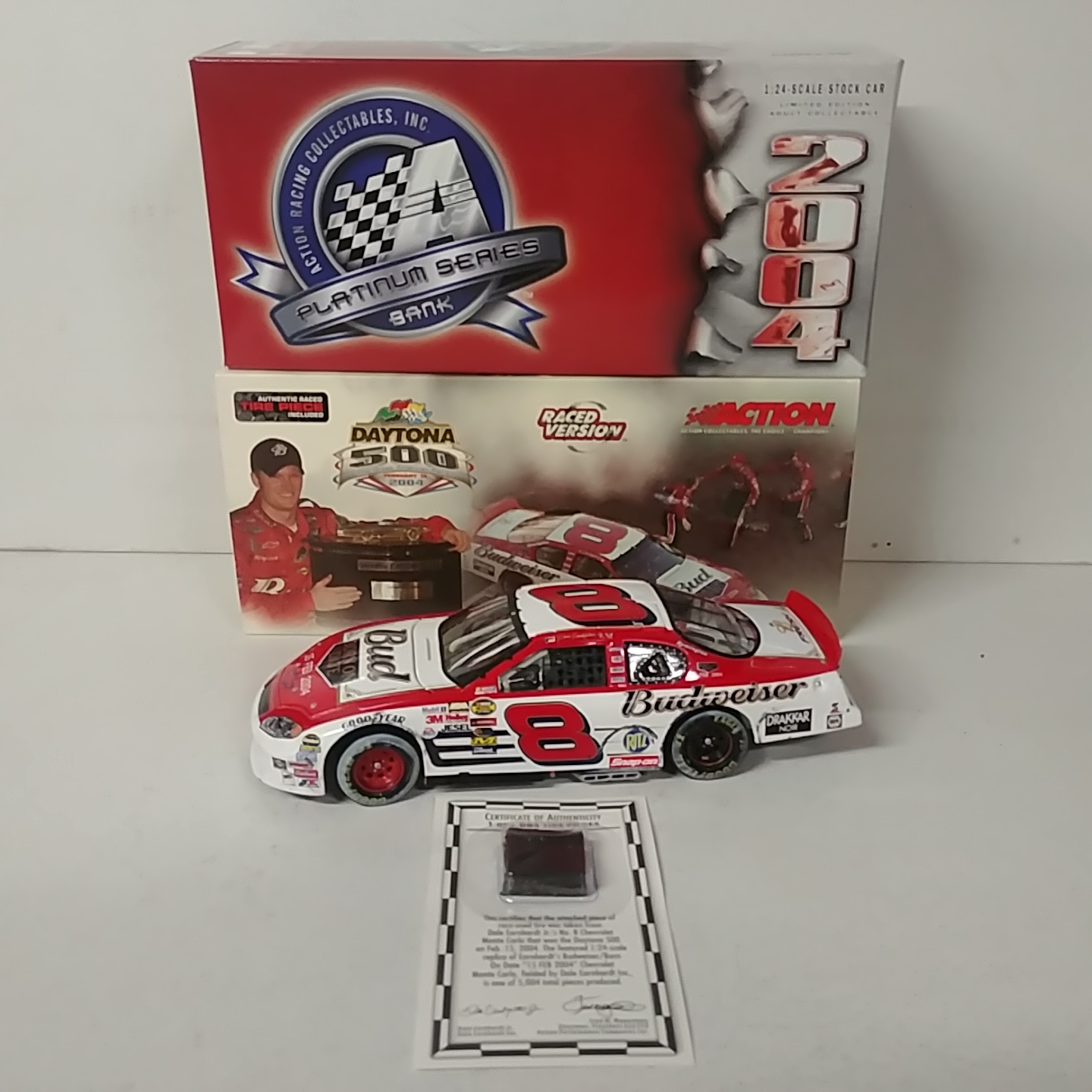 2004 Dale Earnhardt Jr 1/24th Budweiser BOD "Daytona 500 Win Version" Platinum c/w bank