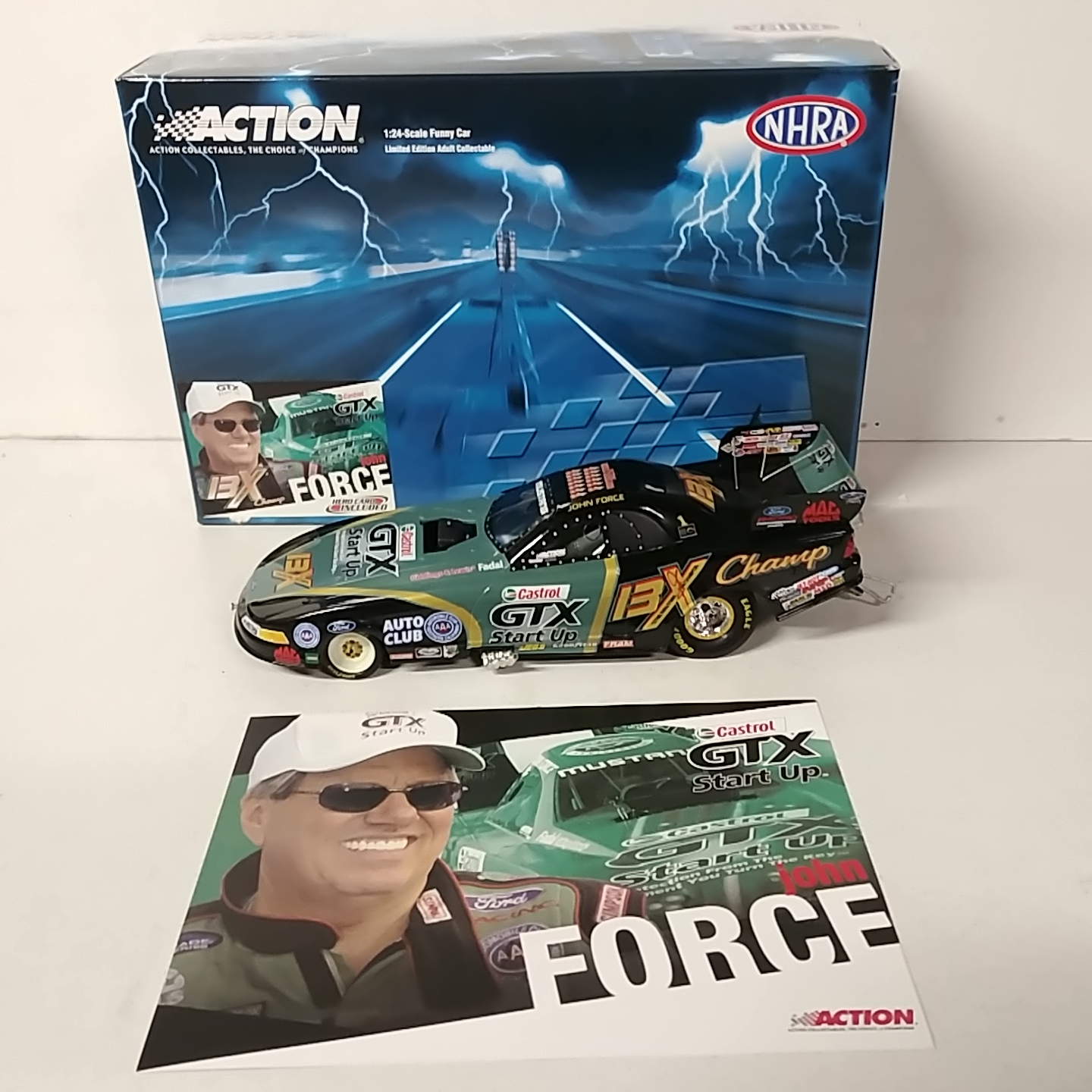 2004 John Force 1/24th Castrol GTX "13 Time NHRA Champion" Ford Mustang Funny car with "Hero Card"