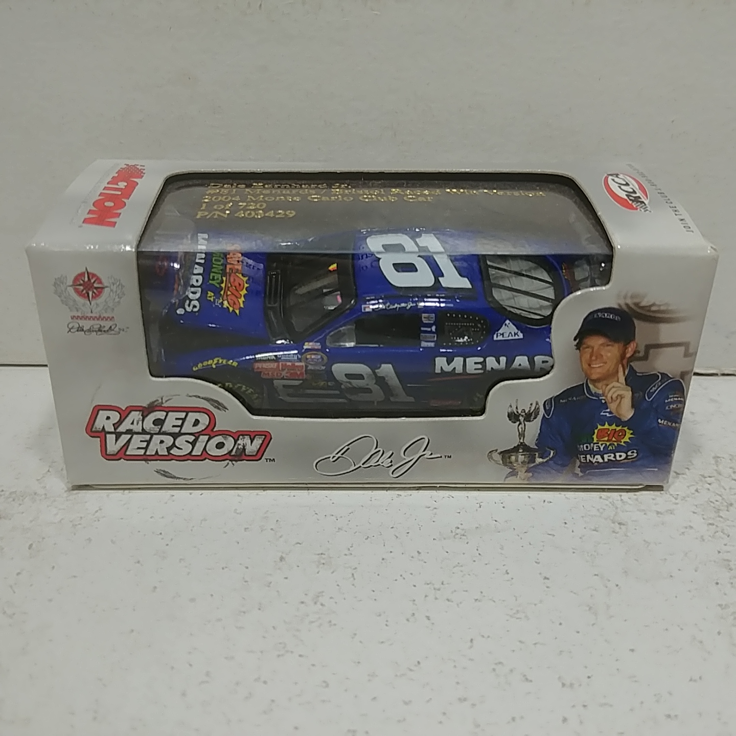 2004 Dale Earnhardt Jr 1/64th Menards "Bristol Raced Win""Busch Series"  RCCA hood open Monte Carlo