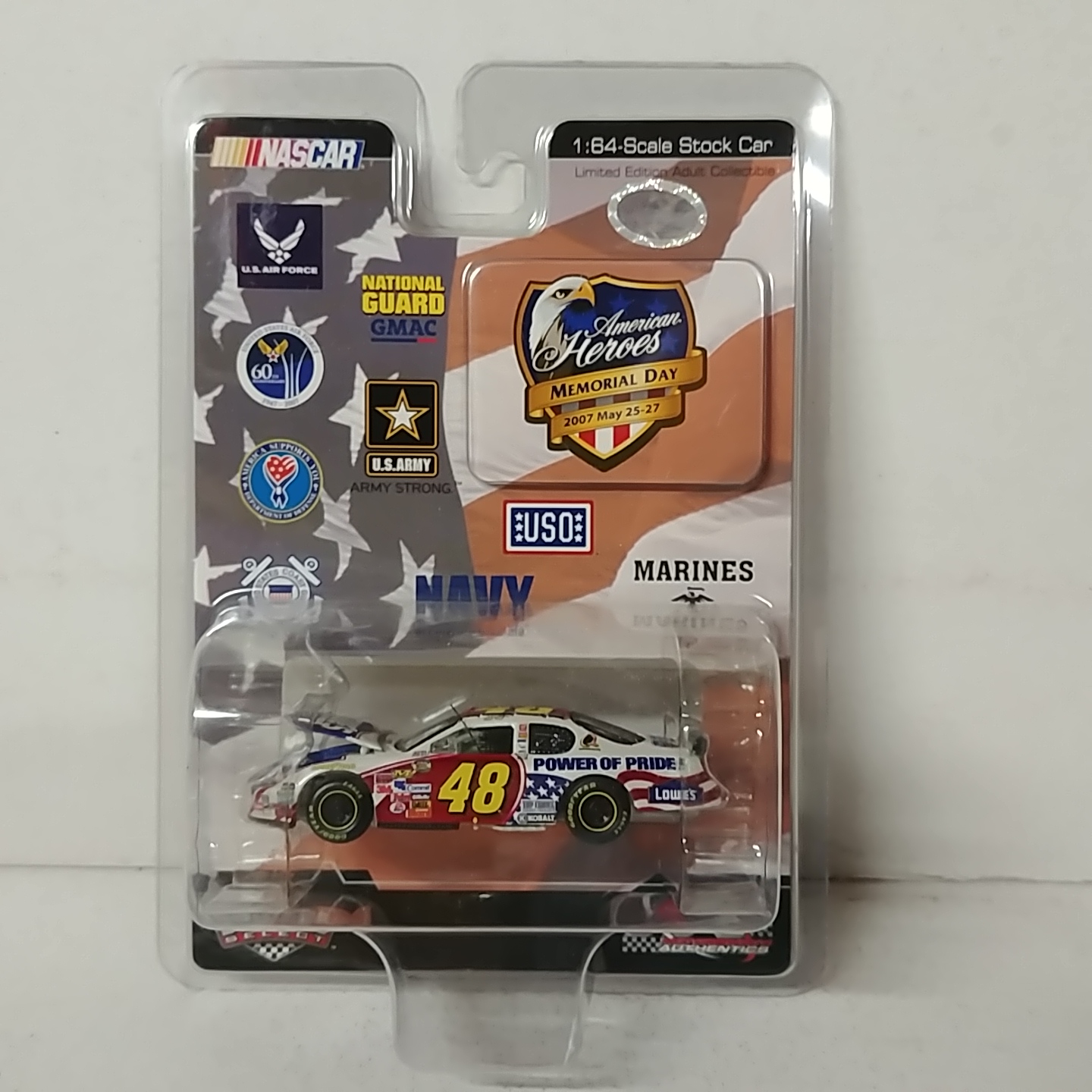 2007 Jimmie Johnson 1/64th Lowe's "Power of Pride/USO" "Dealer Select" hood open Monte Carlo SS