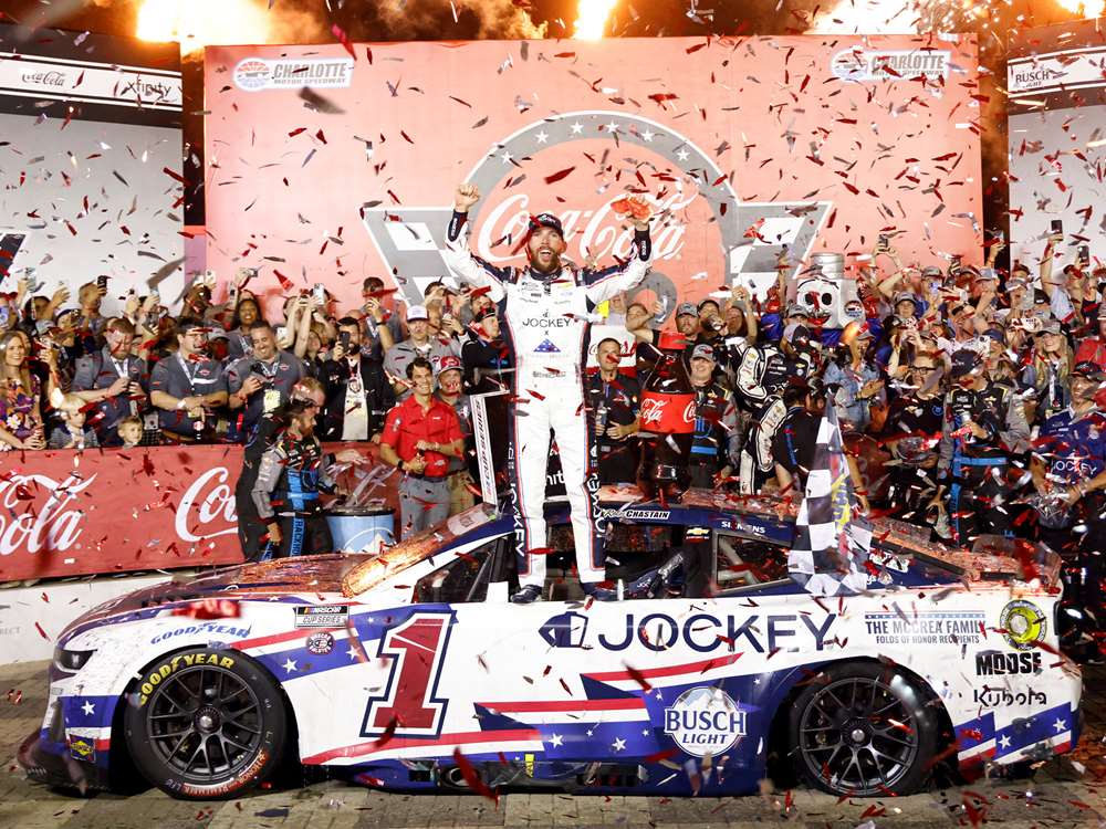 2025 Ross Chastain 1/24th Jockey Folds of Honor "Charlotte Coke 600 Win" hood open Chevrolet
