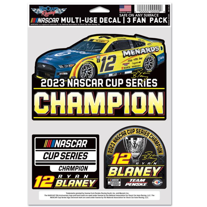 2023 Ryan Blaney Menards "Nascar Series Champion" 3 pack decal set