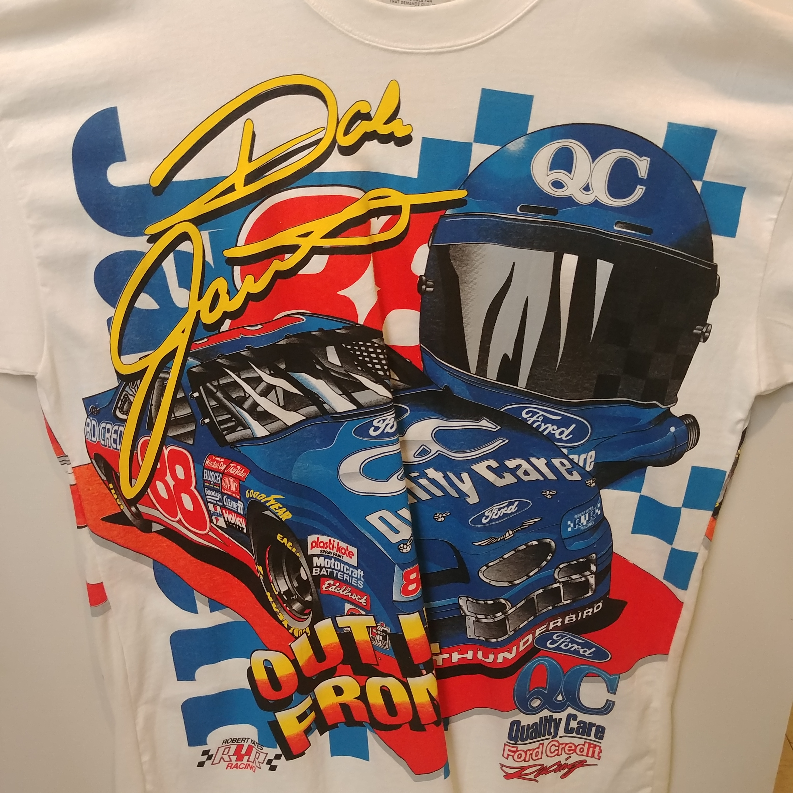 1997 Dale Jarrett Ford Quality Care "Out In Front" Total Print tee