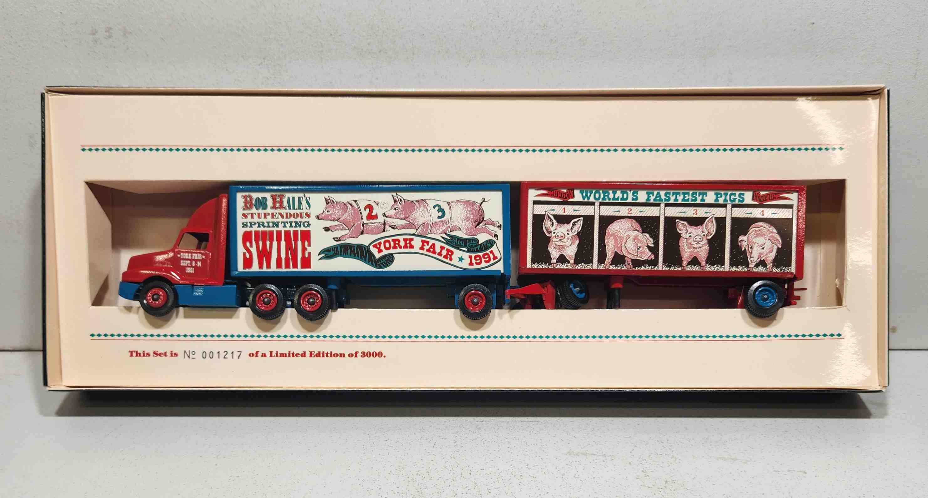 1991 "Bob Hales 1/64th Stupendous Sprinting Swine" York Fair diecast transporter w/double trailer