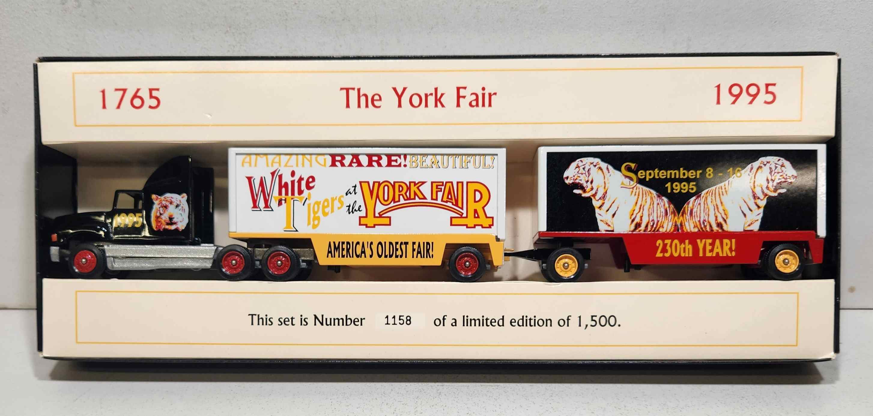 1995 "White Tigers at the York Fair" 1/64th diecast transporter w/double trailer