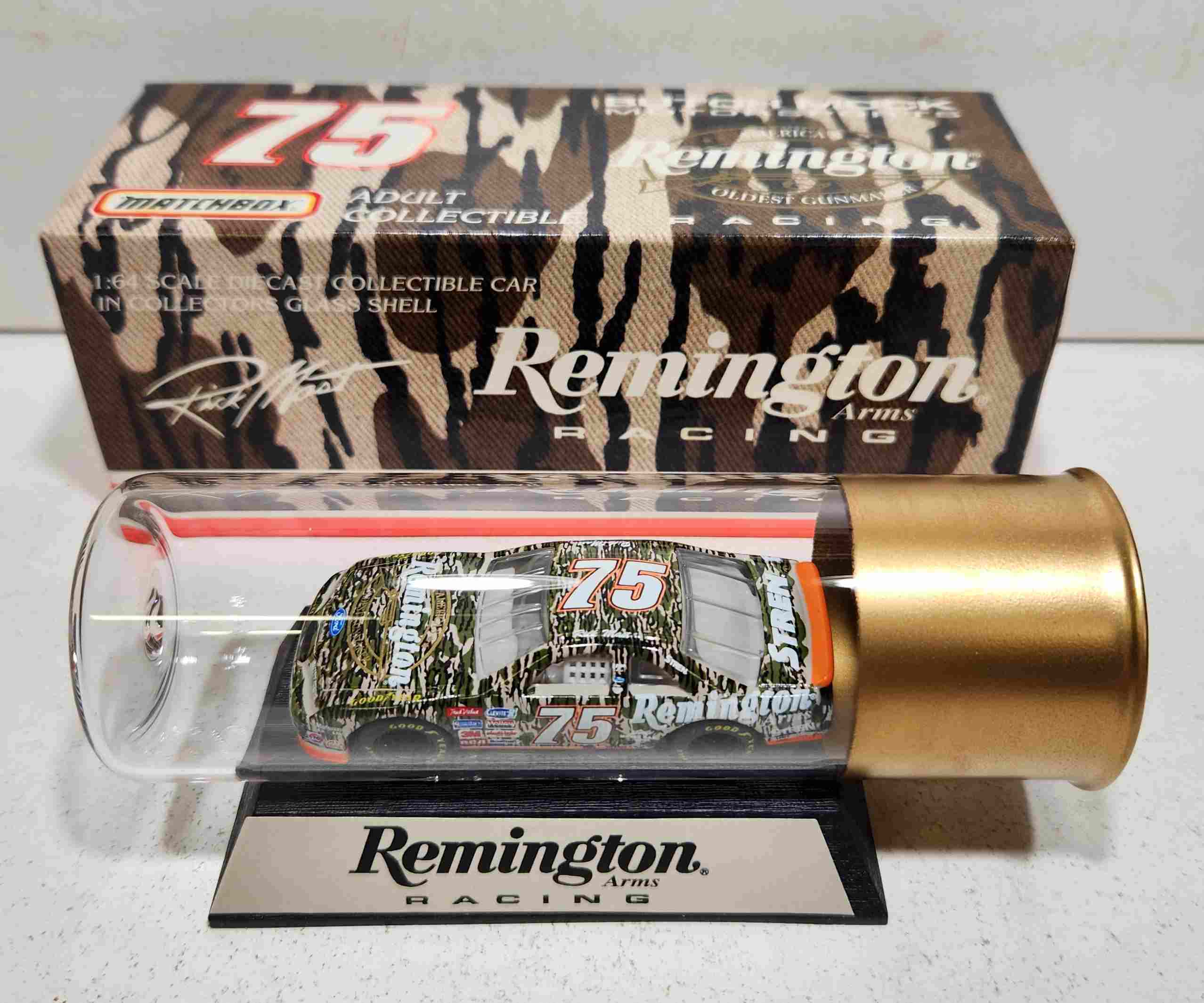 1997 Rick Mast 1/64th Remington Racing "Camo" Thunderbird in shotgun shell bottle